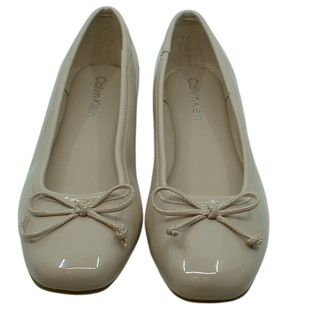 Calvin Klein Womens Nude Beige Patent Square Toe Bow Ballet Flats Size 7M